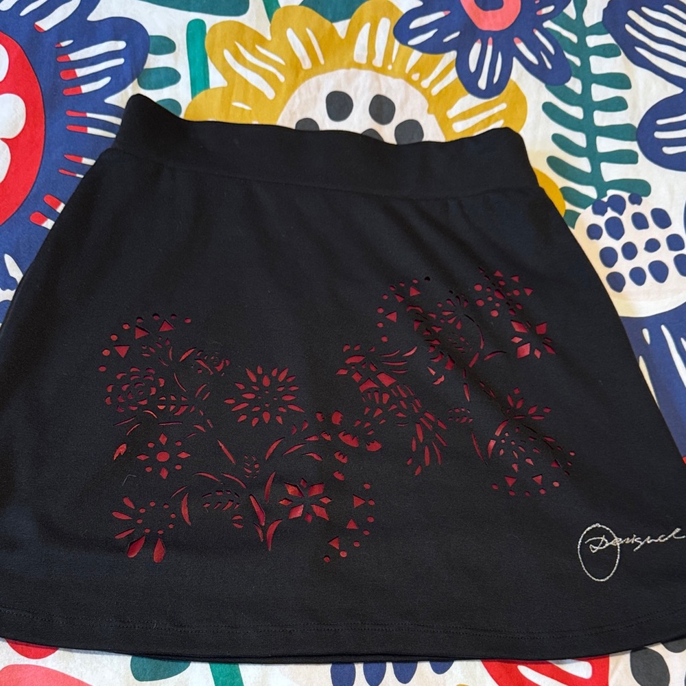 Desigual Black Skirt with Red Floral Cutouts